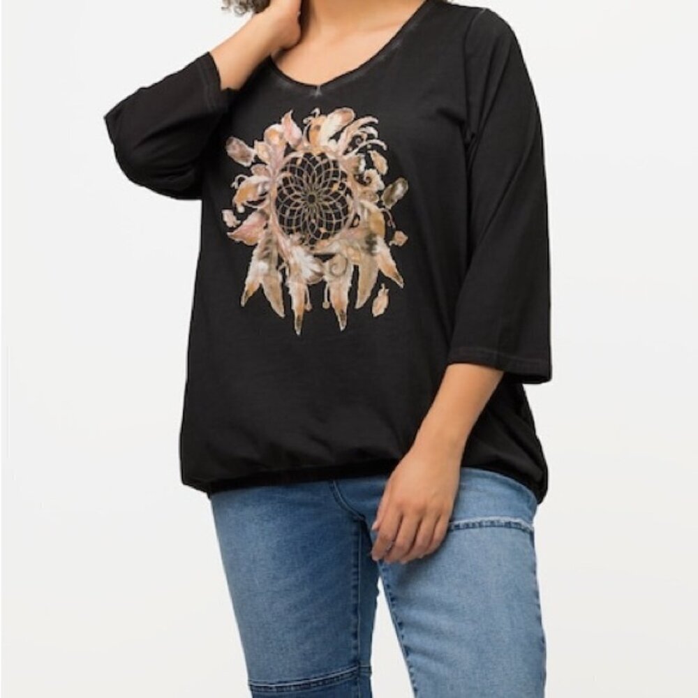Ulla Popken Cotton Dream Catcher Graphic V-Neck 3/4 Sleeve Shirt 3XL